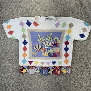 Paul Harris Design Short Sleeve Sweater Women M White Seashell Fish Knit Vintage